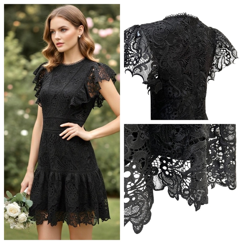 Black Lace Flutter Sleeve Mini Dress Sz S Whimsigoth Retro Gothic Cocktail Fairy